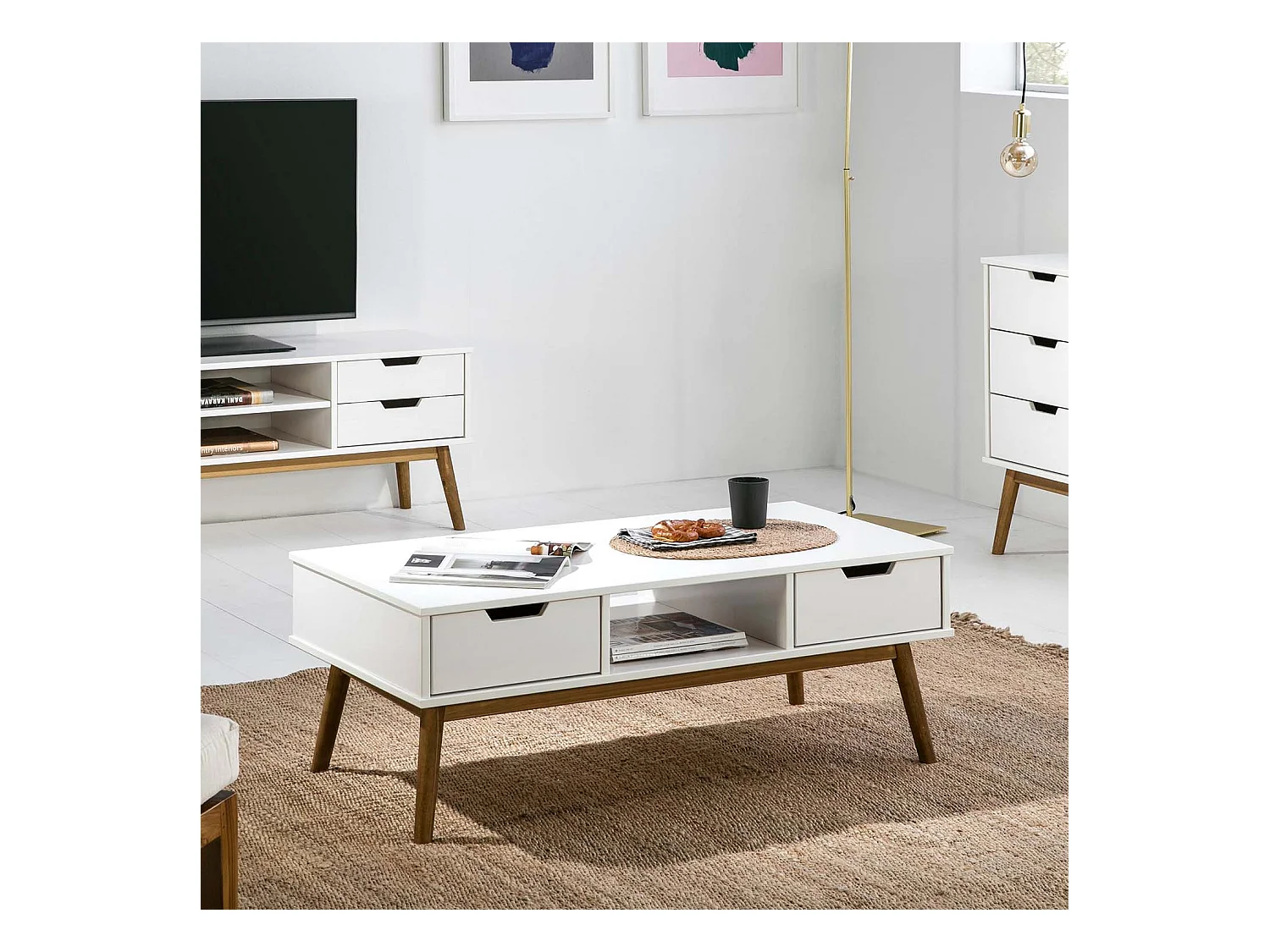 Table basse Baku blanc, fabriqué en bois de pin massif, 2 tiroirs, 110 cm