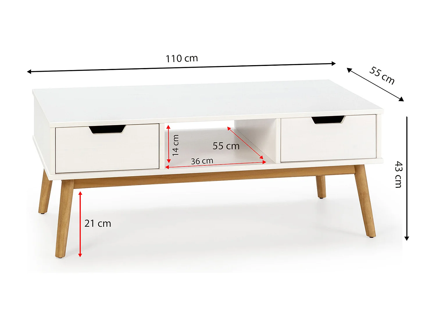 Salontafel Baku wit, massief grenen, 2 laden, 110 cm