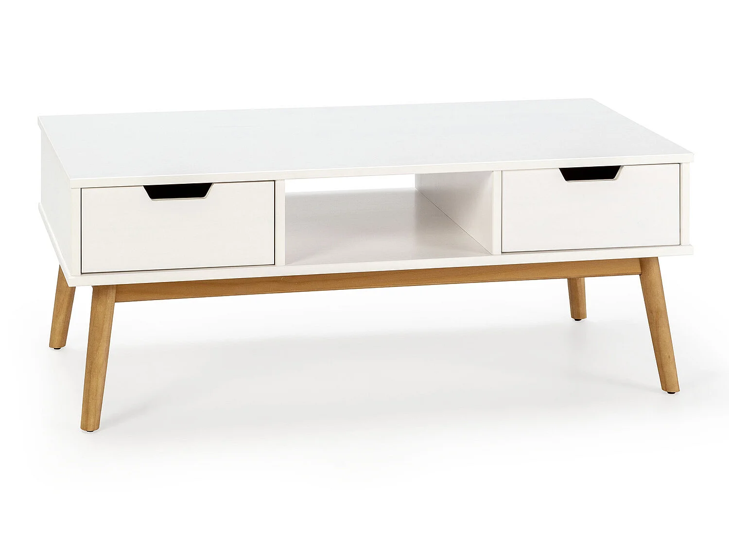 Table basse Baku blanc, fabriqué en bois de pin massif, 2 tiroirs, 110 cm