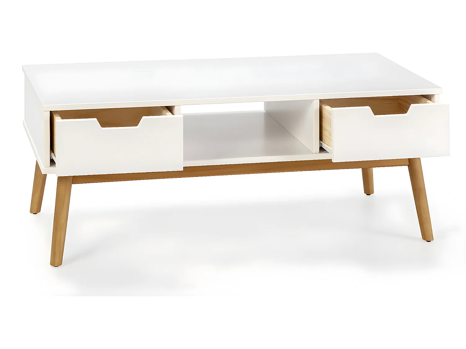Table basse Baku blanc, fabriqué en bois de pin massif, 2 tiroirs, 110 cm