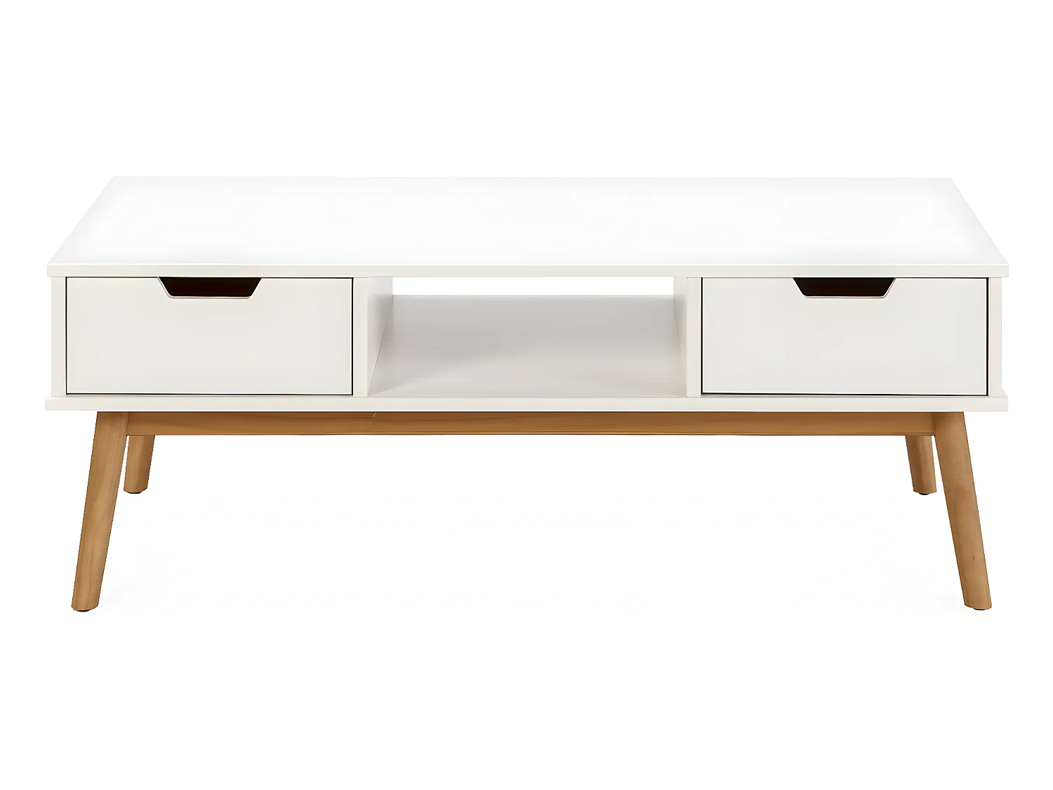 Table basse Baku blanc, fabriqué en bois de pin massif, 2 tiroirs, 110 cm
