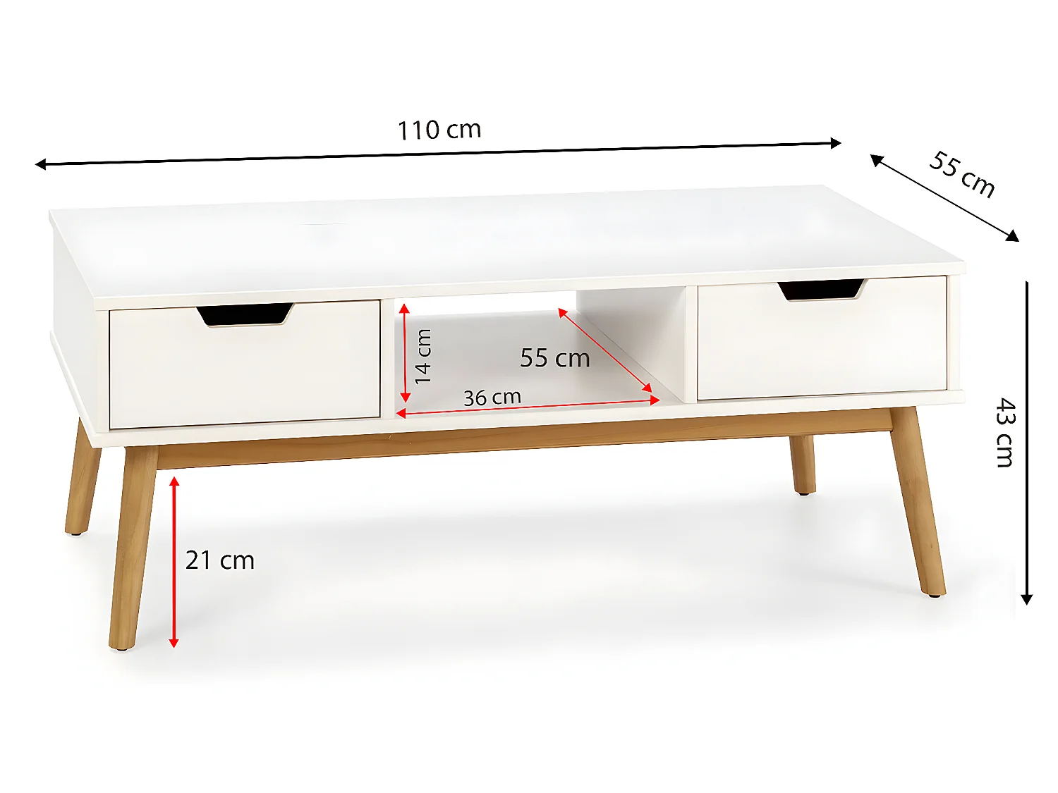 Table basse Baku blanc, fabriqué en bois de pin massif, 2 tiroirs, 110 cm