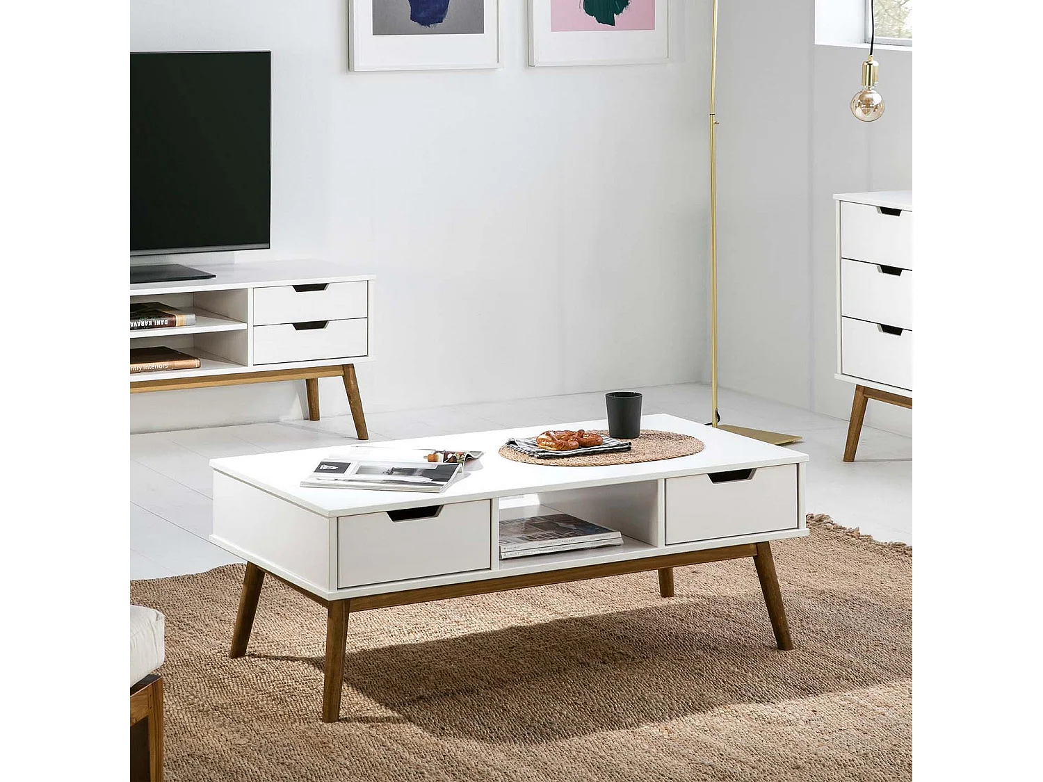 Table basse Baku blanc, fabriqué en bois de pin massif, 2 tiroirs, 110 cm