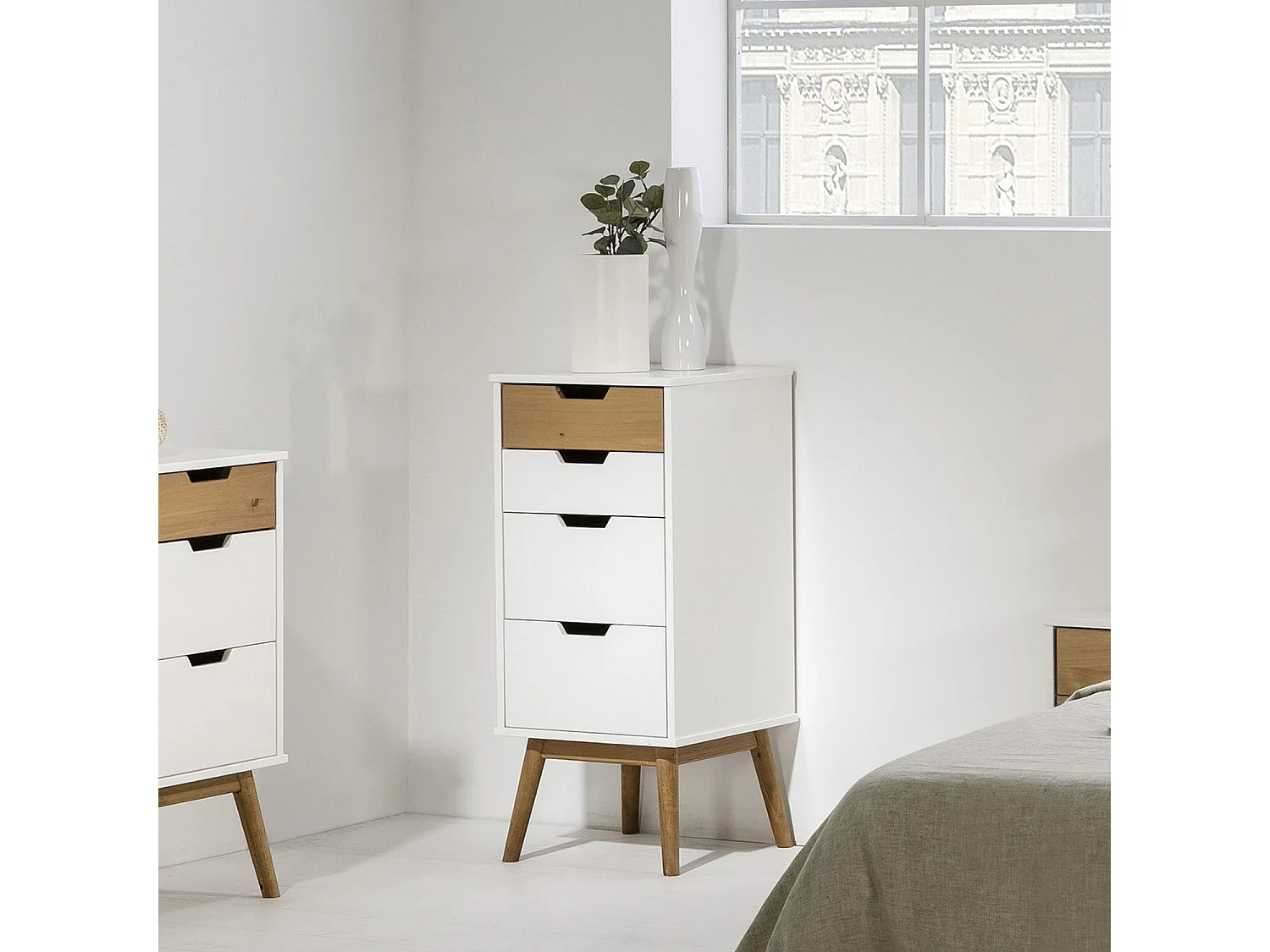 Chiffonnier nuit Baku 4 tiroirs blanc/bois, 40 cm longueur