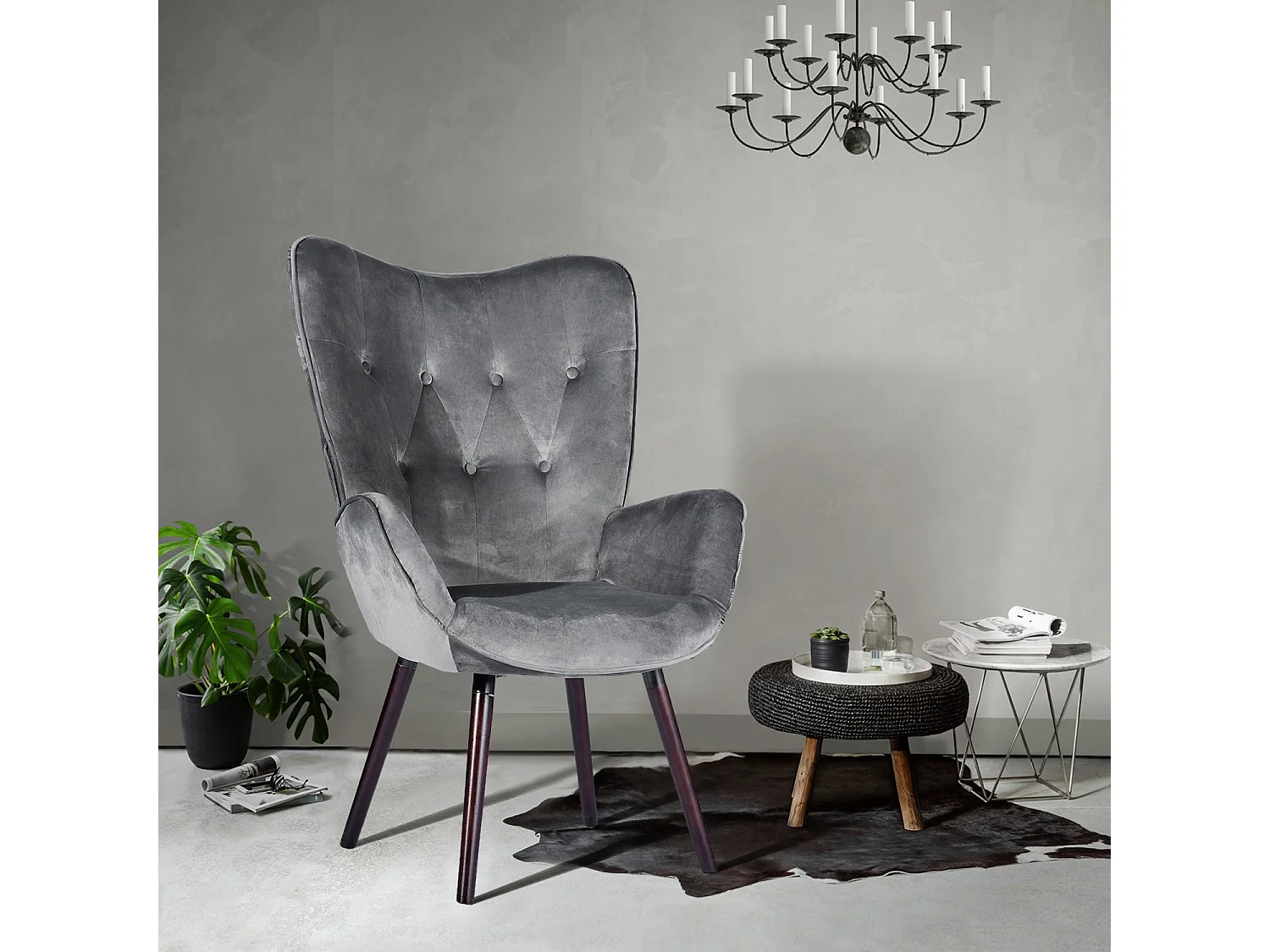 Sillón escandinavo acolchado en terciopelo gris KAS KD VELVET GREY