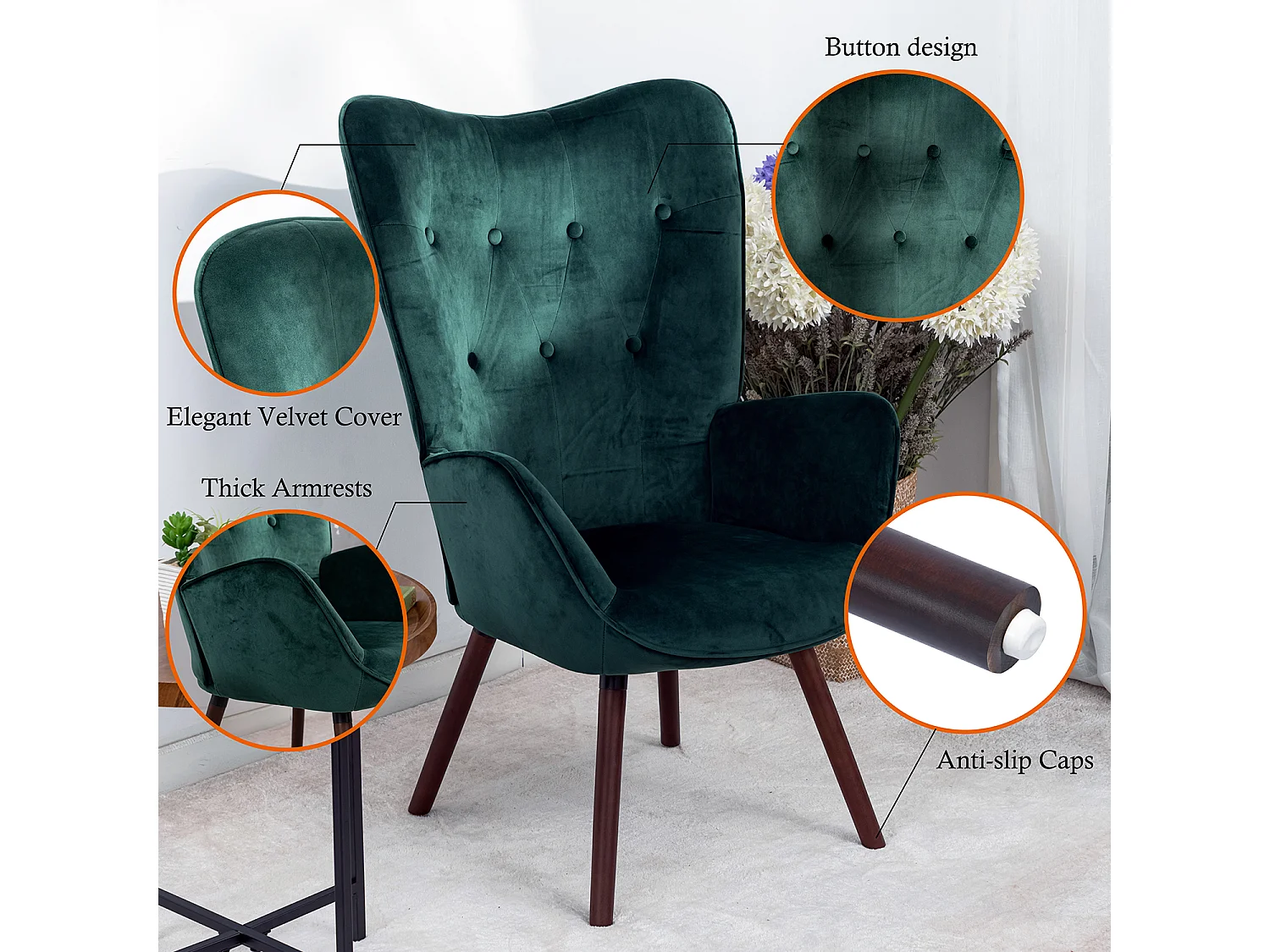 Sillón escandinavo tapizado en terciopelo verde KAS KD VELVET GREEN