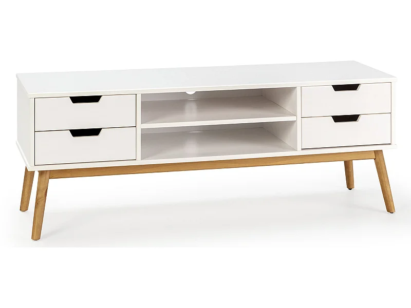 Mueble tv Baku 1 puerta y 2 cajones blanco, madera maciza, 140 cm