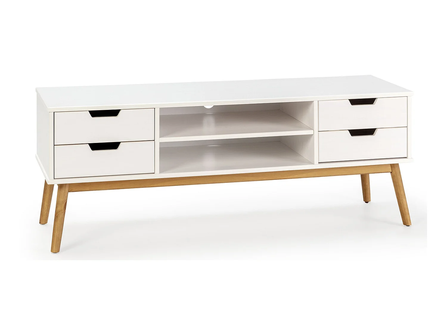 Tv-meubel Baku met 1 deur en 2 laden in het wit, massief hout, 140 cm.