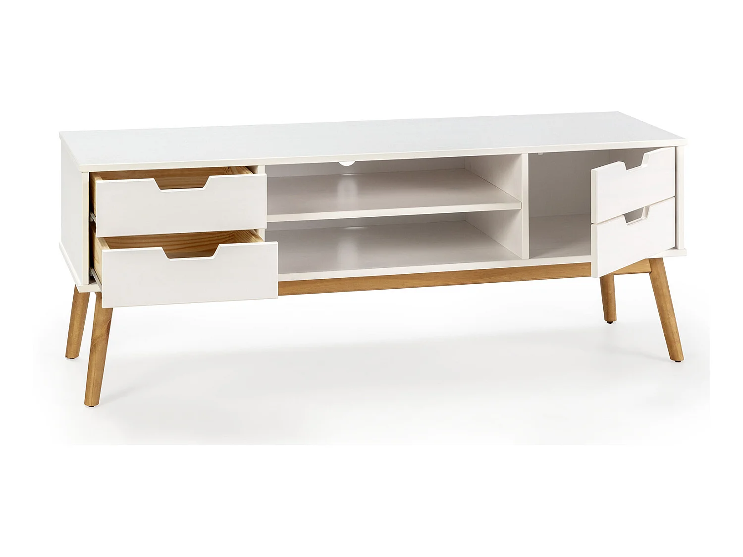 Tv-meubel Baku met 1 deur en 2 laden in het wit, massief hout, 140 cm.