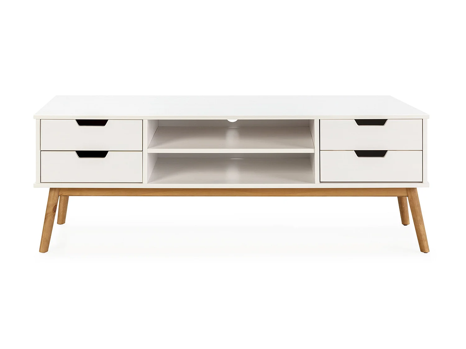 Tv-meubel Baku met 1 deur en 2 laden in het wit, massief hout, 140 cm.