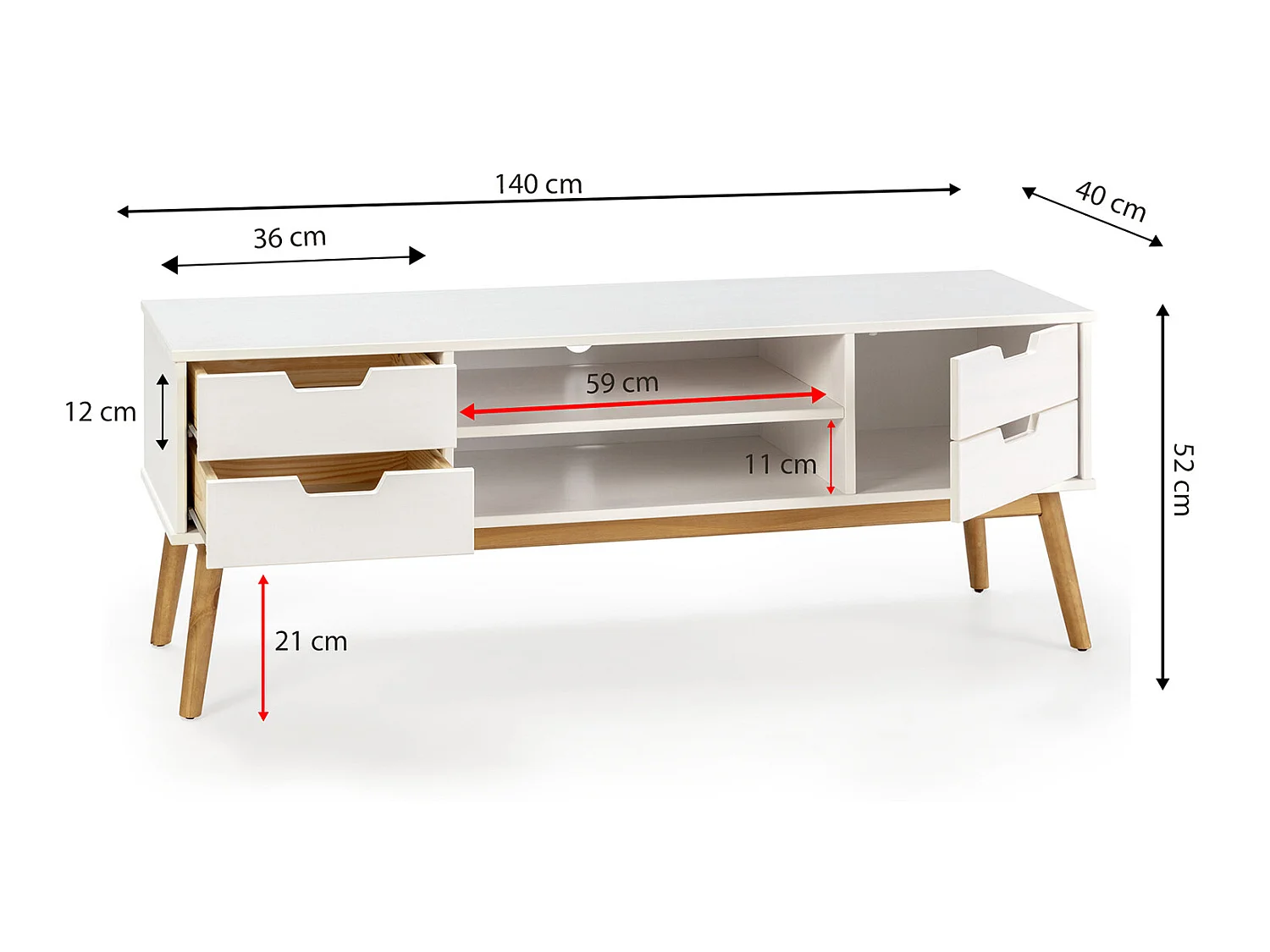 Tv-meubel Baku met 1 deur en 2 laden in het wit, massief hout, 140 cm.