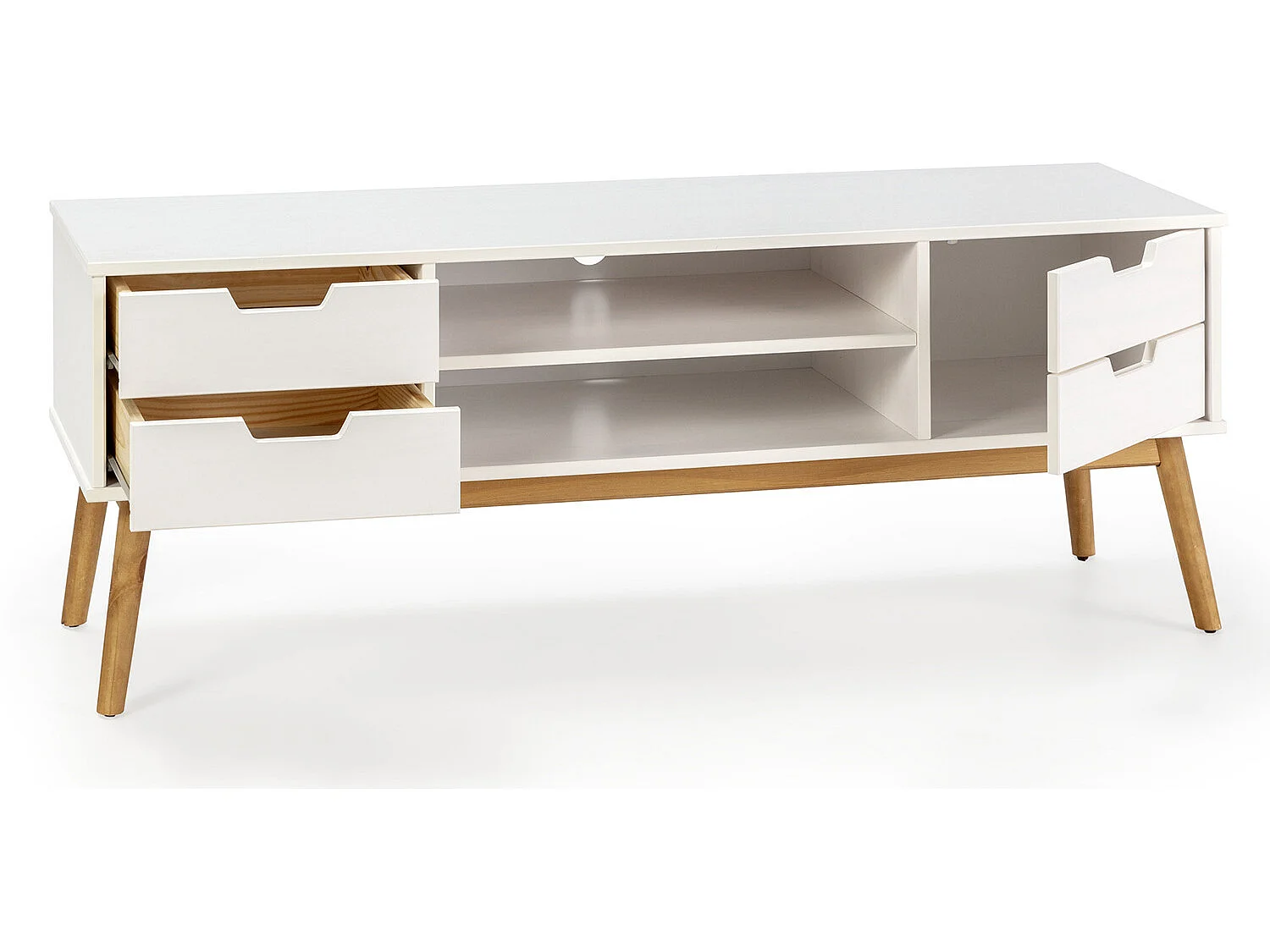 Tv-meubel Baku met 1 deur en 2 laden in het wit, massief hout, 140 cm.