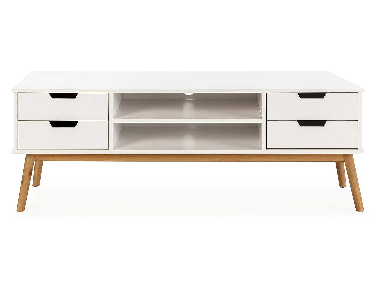 Tv-meubel Baku met 1 deur en 2 laden in het wit, massief hout, 140 cm.