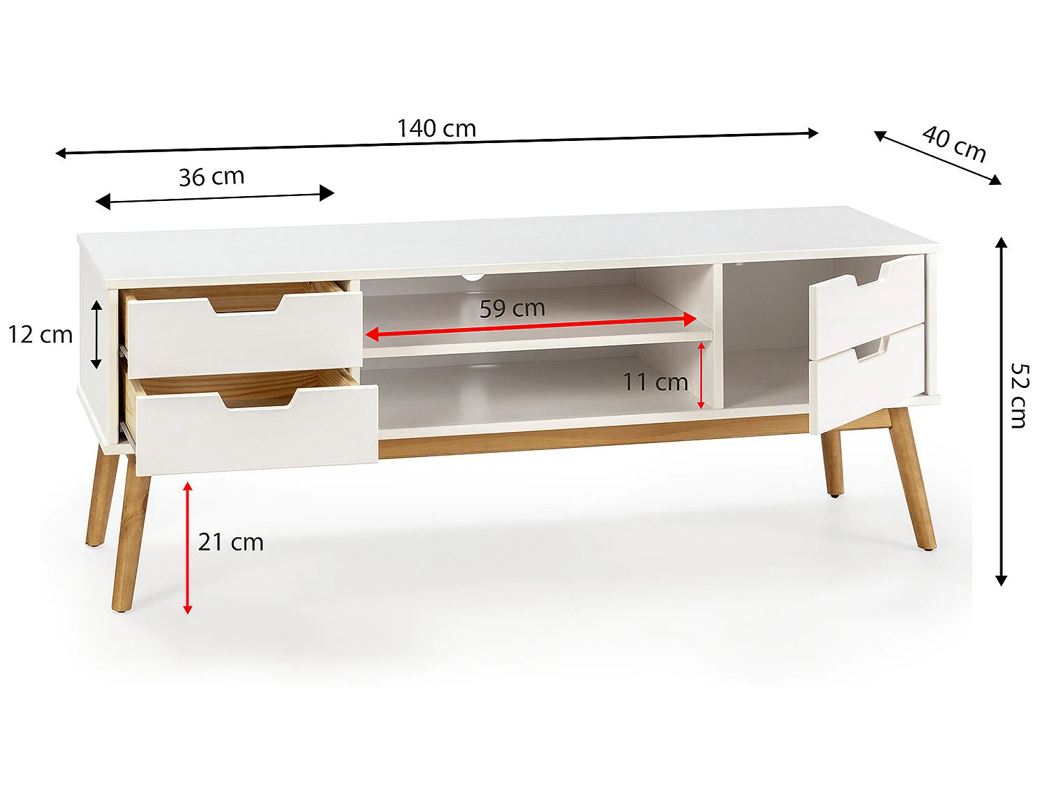 Tv-meubel Baku met 1 deur en 2 laden in het wit, massief hout, 140 cm.
