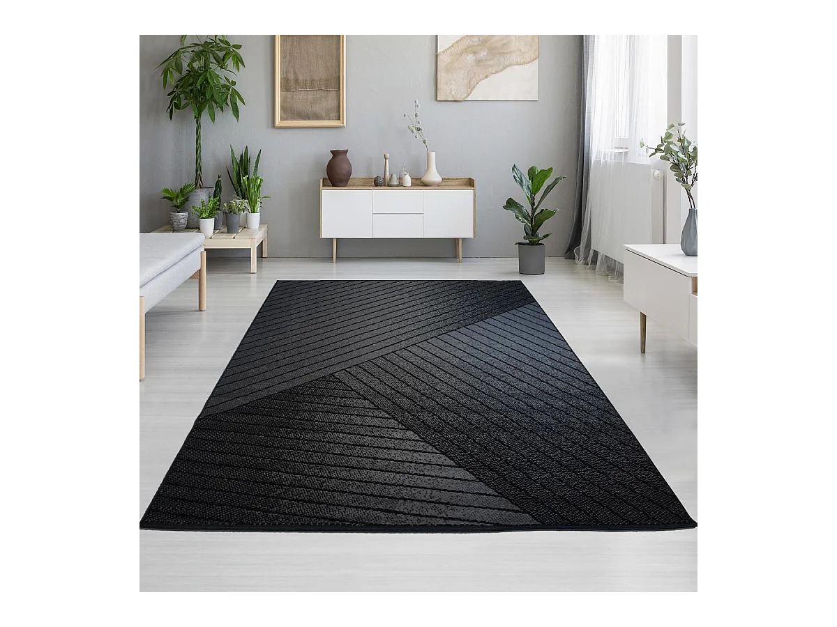 tapis grand salon 235x320 tissé noir et gris rectangle motif géométrique