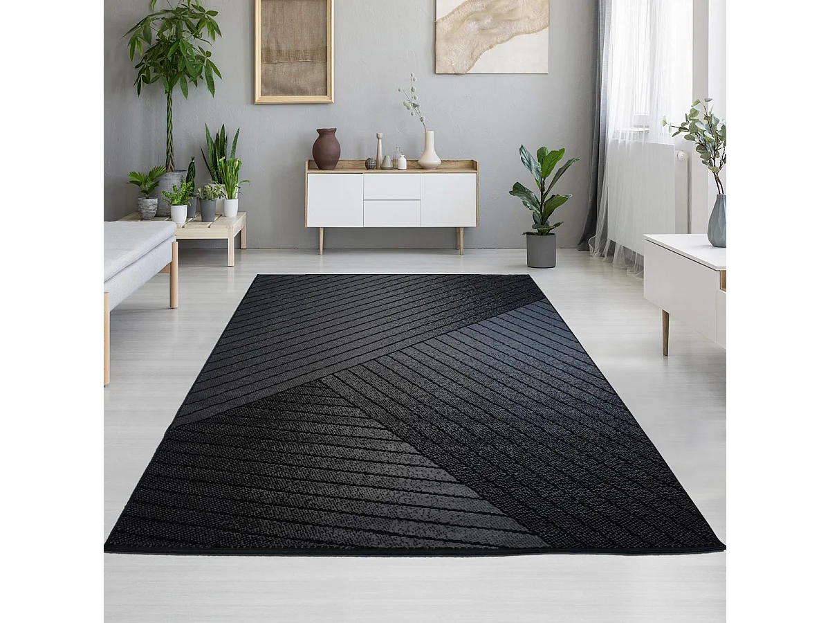tapis grand salon 235x320 tissé noir et gris rectangle motif géométrique
