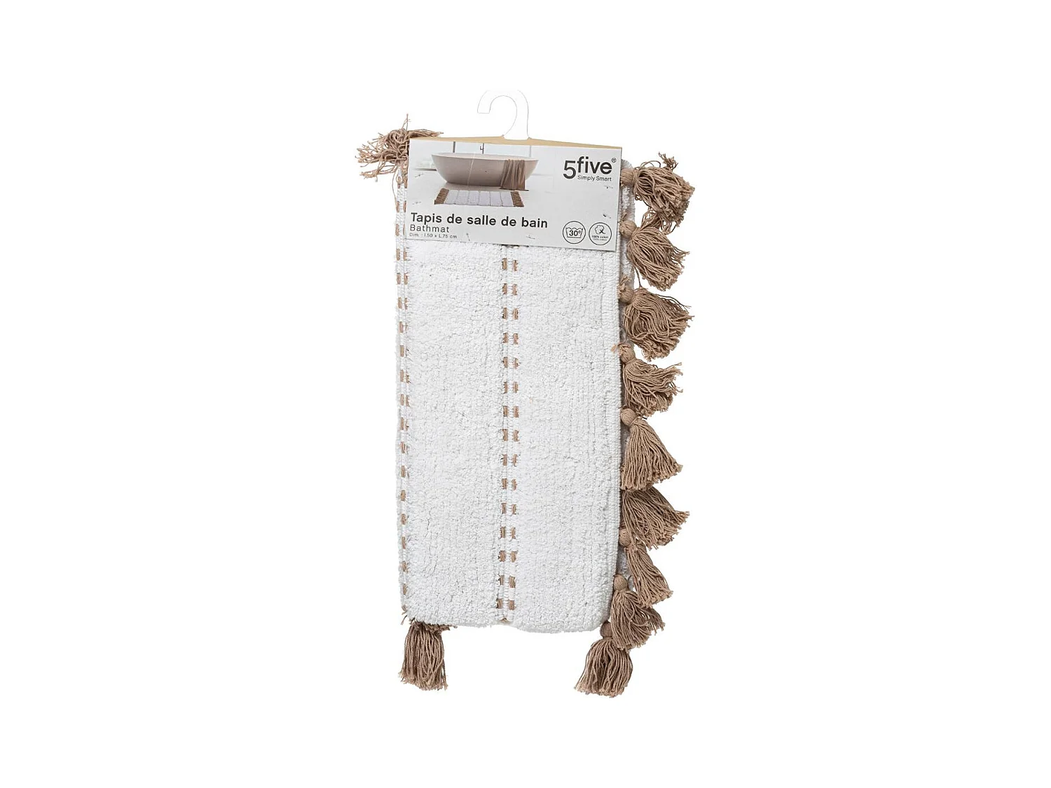 Tapis de Salle de bain Taupe en Coton avec pompons  50 x 75 cm