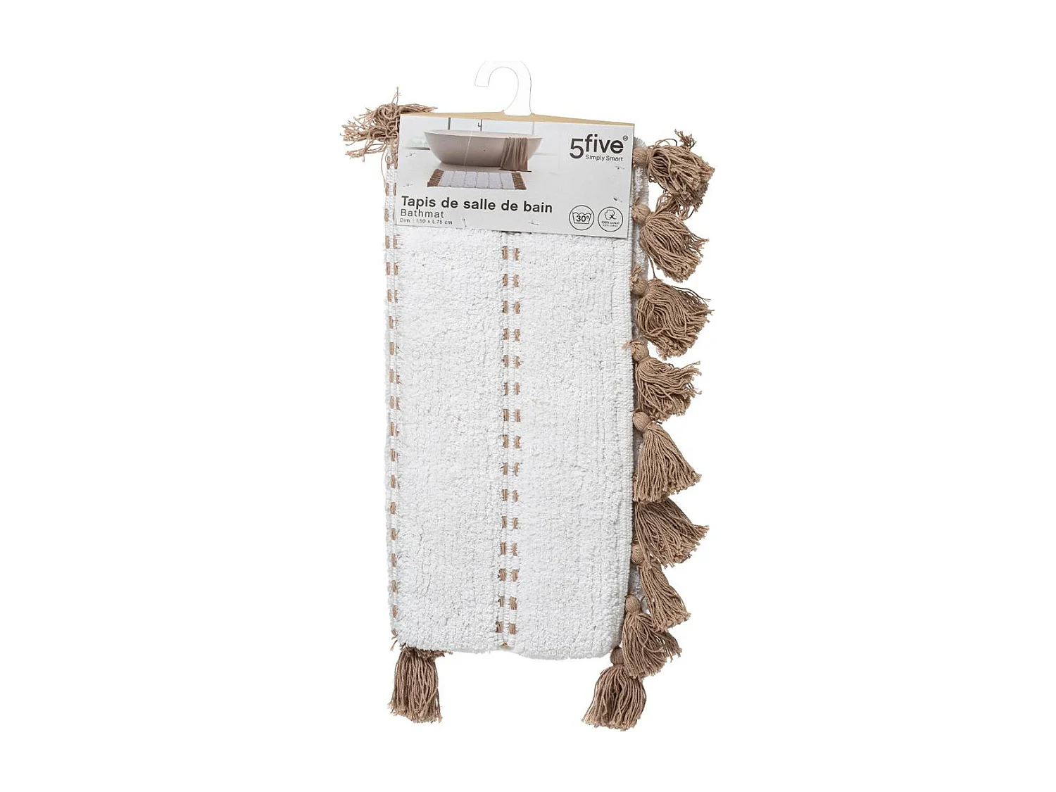 Tapis de Salle de bain Taupe en Coton avec pompons  50 x 75 cm