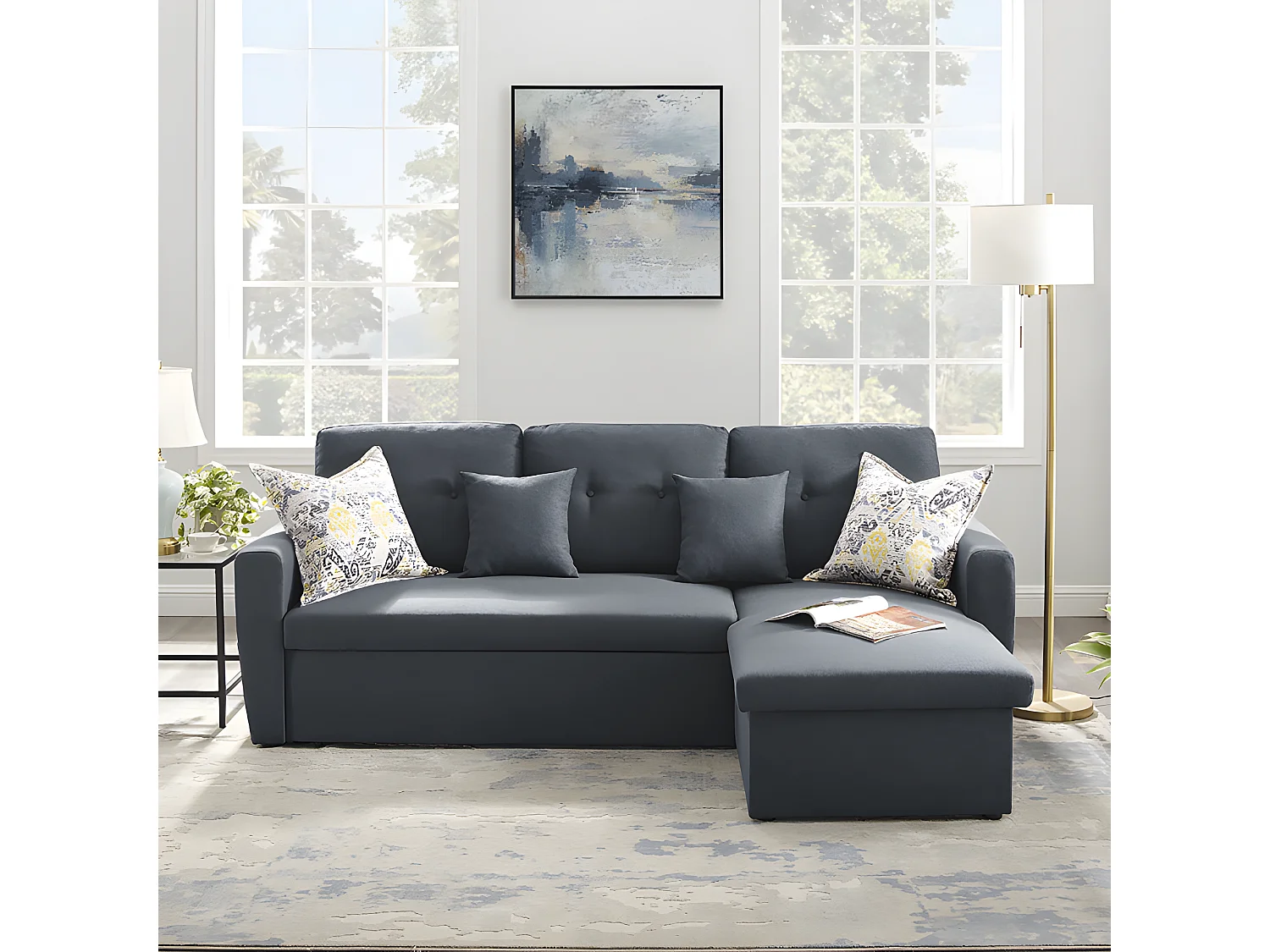 Canapé angle droit convertible 3 places tissu gris anthracite - RUDY