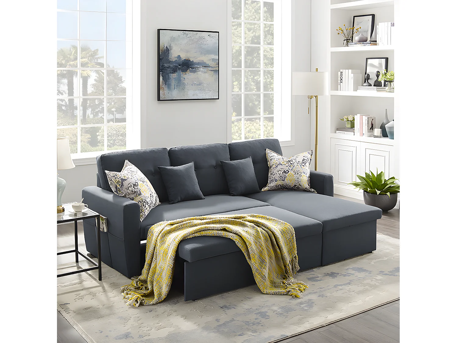 Canapé angle droit convertible 3 places tissu gris anthracite - RUDY