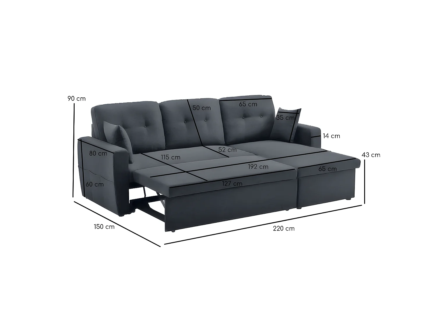 Canapé angle droit convertible 3 places tissu gris anthracite - RUDY
