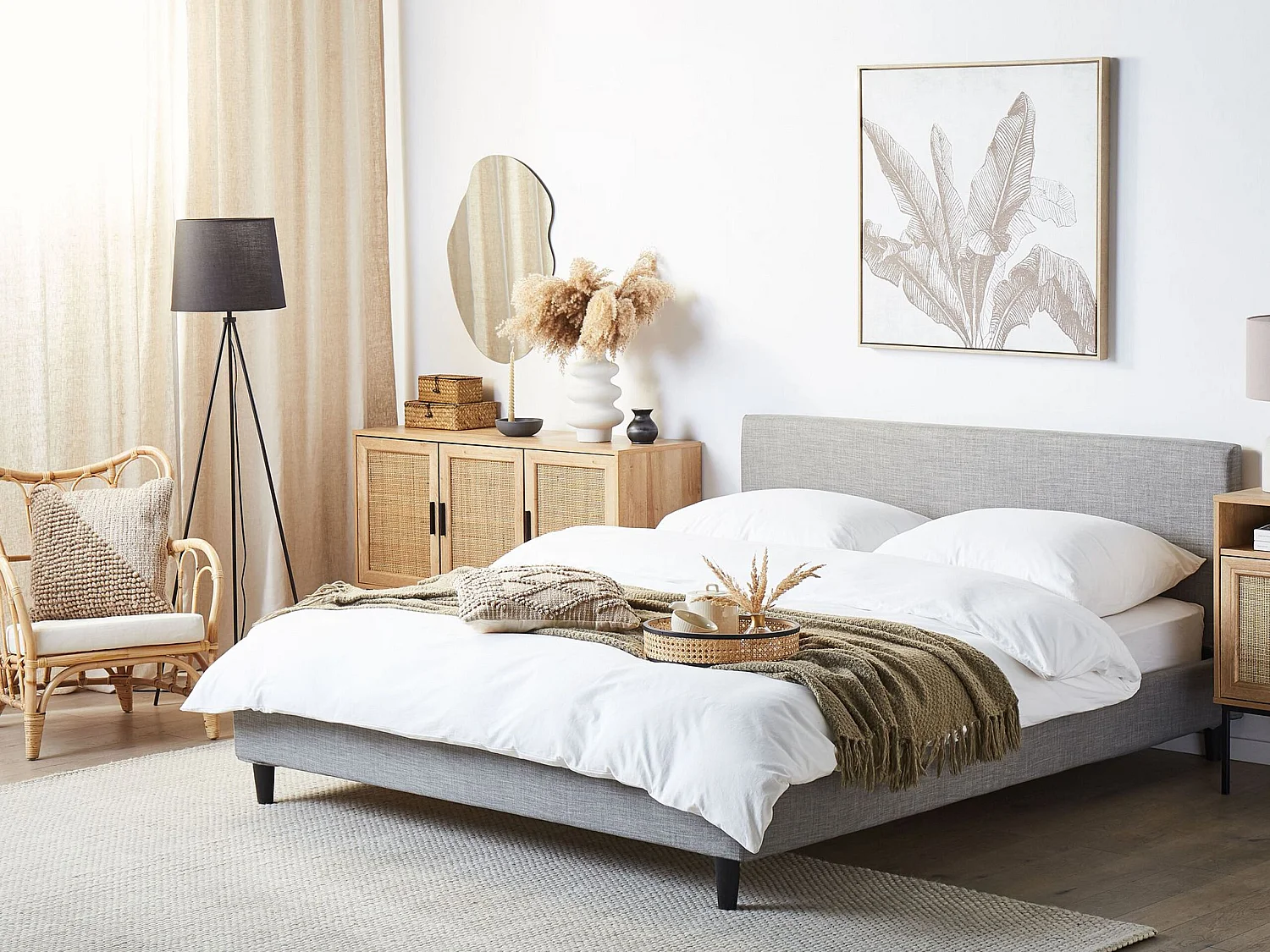 Lit avec sommier Tissu FITOU 160 x 200 cm Gris clair