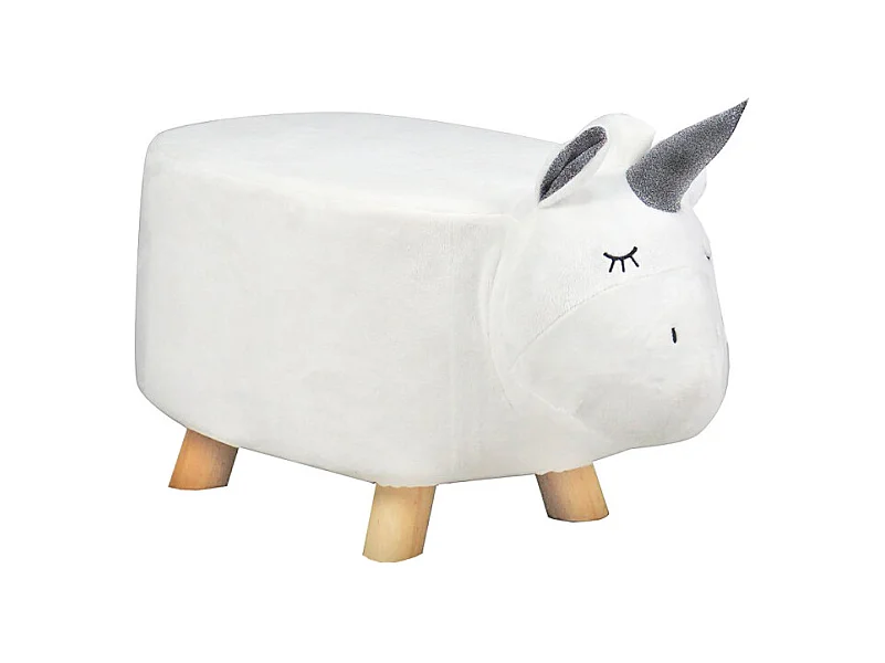 Tabouret pouf licorne blanc poils doux pied bois pour enfant - UNICORN