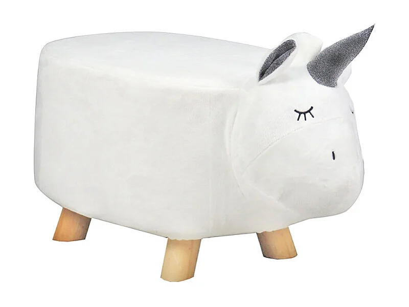 Tabouret pouf licorne blanc poils doux pied bois pour enfant - UNICORN