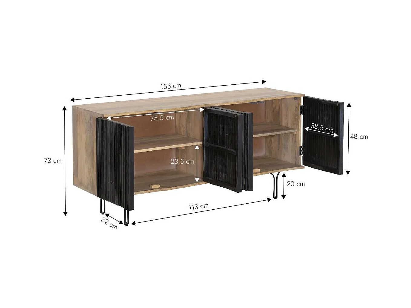 Mueble de TV de madera de mango y metal negro con puertas con aberturas Auxence