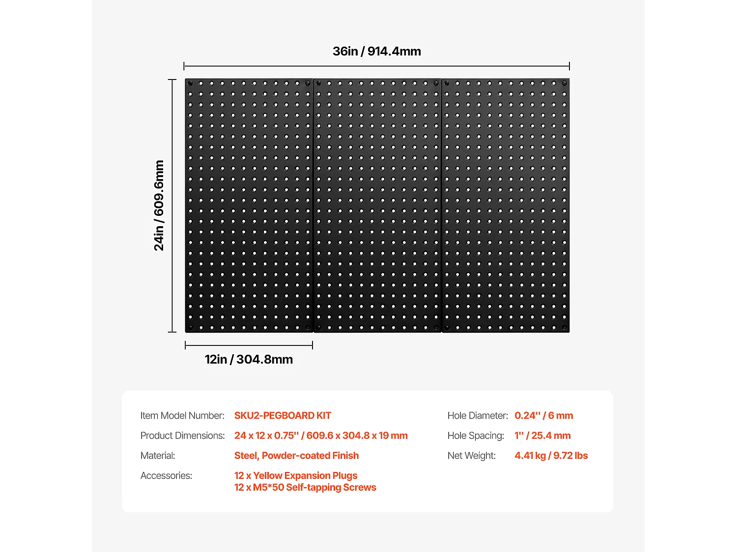 Panneaux Perforés en Métal SucceBuy, 3 Panneaux, 609,6x304,8 mm, pour Outils de Garage
