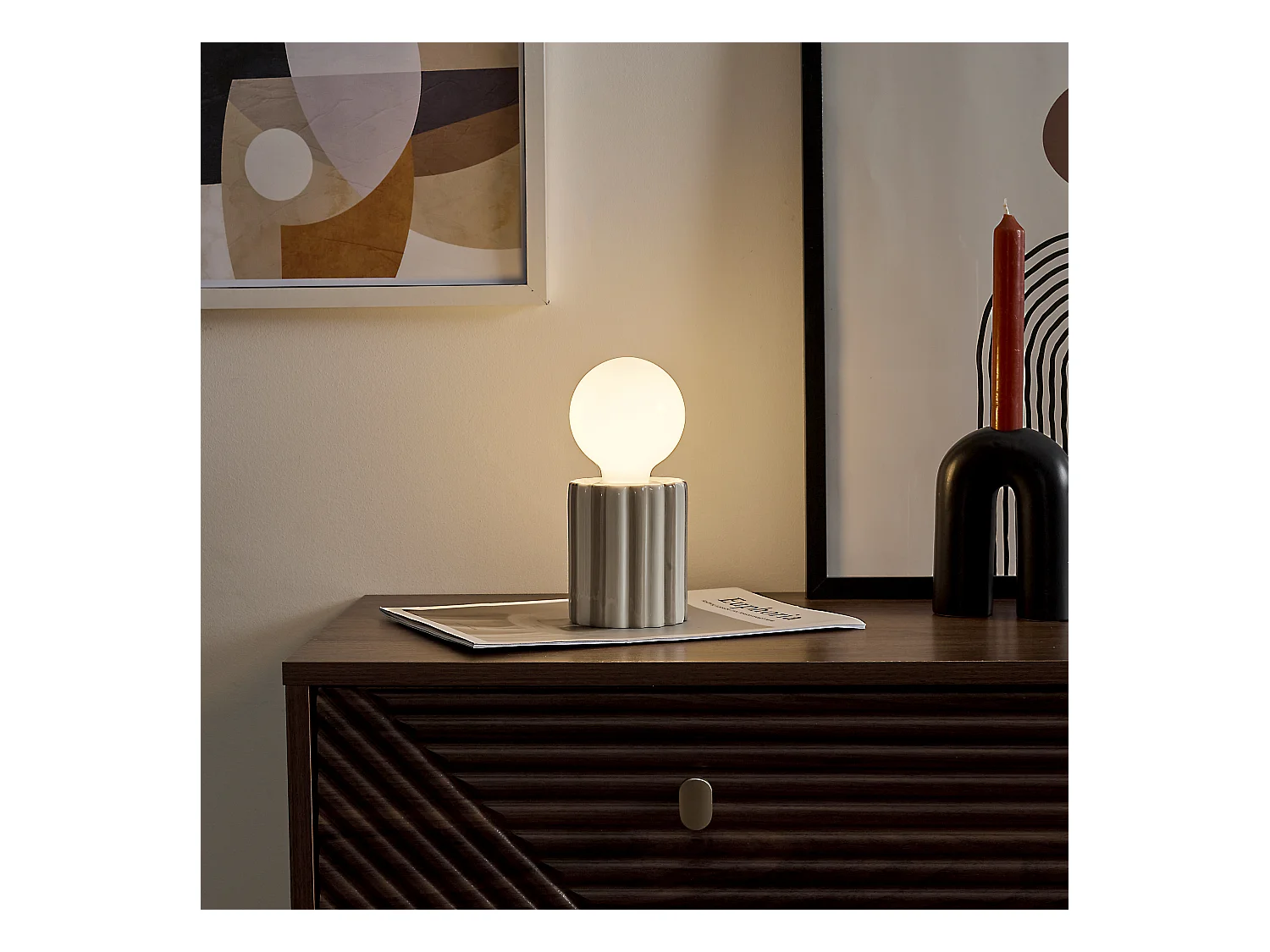 Lampe Ceramique Taupe A Piles Blanc, Marron