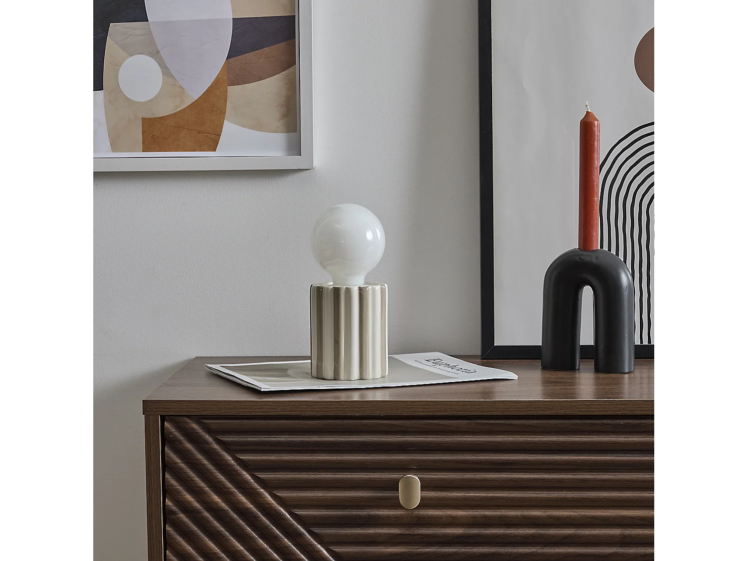 Lampe Ceramique Taupe A Piles Blanc, Marron