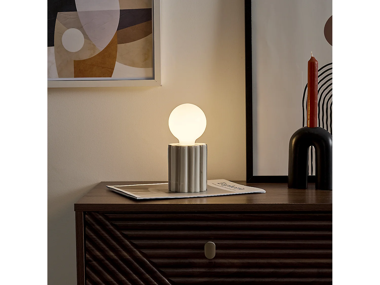 Lampe Ceramique Taupe A Piles Blanc, Marron