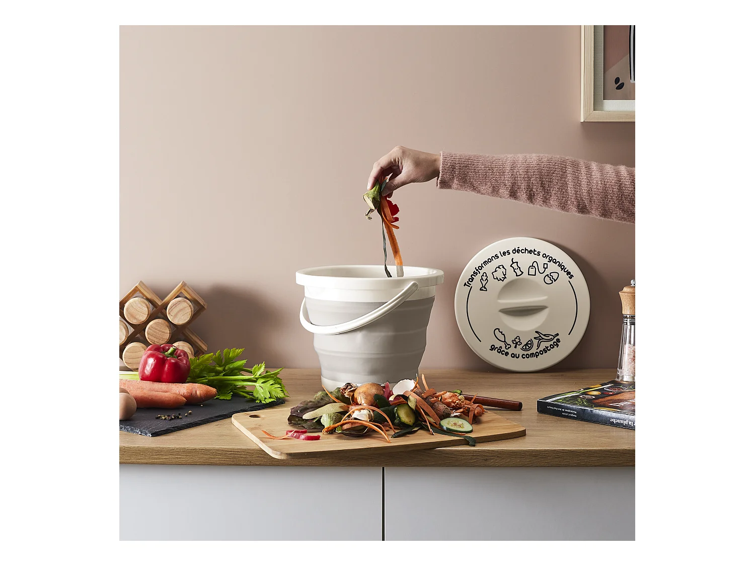 Seau A Compost Pliable Avec Anse Et Couvercle Gris, Blanc