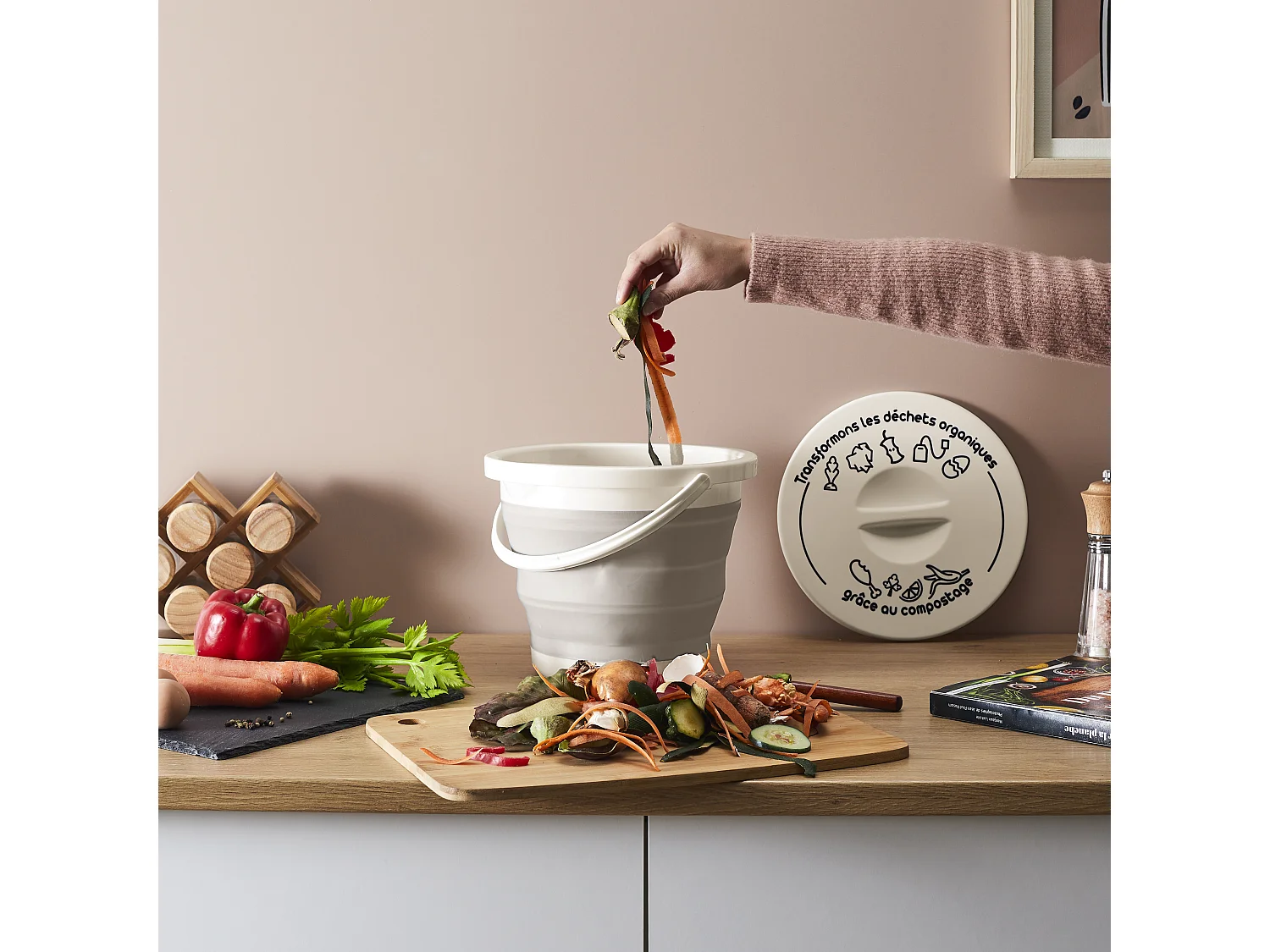 Seau A Compost Pliable Avec Anse Et Couvercle Gris, Blanc