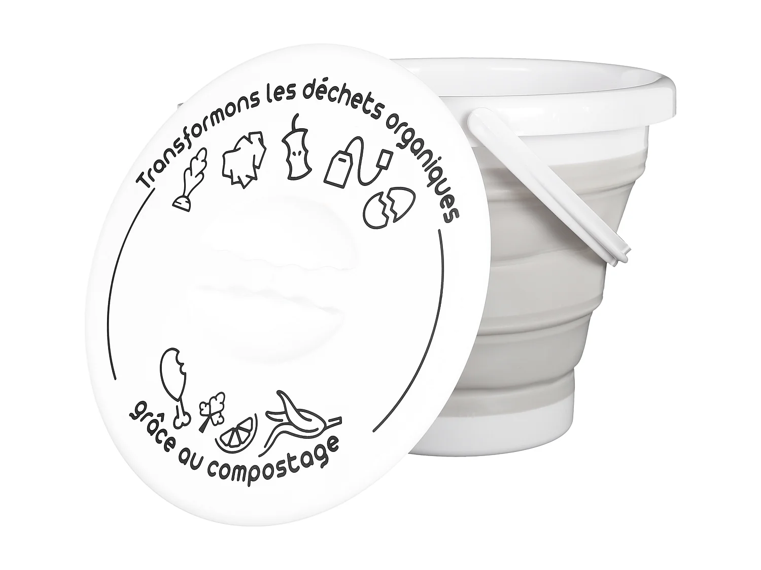 Seau A Compost Pliable Avec Anse Et Couvercle Gris, Blanc