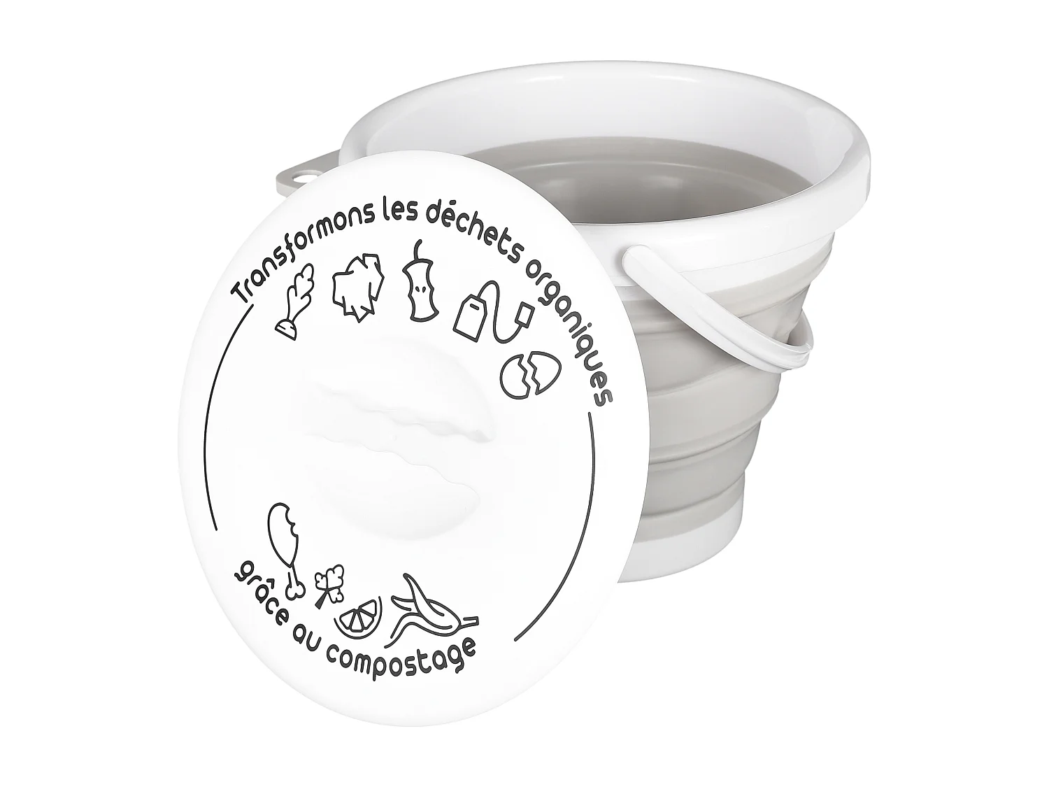 Seau A Compost Pliable Avec Anse Et Couvercle Gris, Blanc
