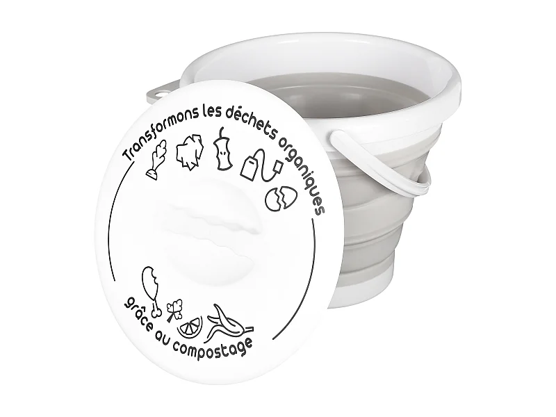 Seau A Compost Pliable Avec Anse Et Couvercle Gris, Blanc