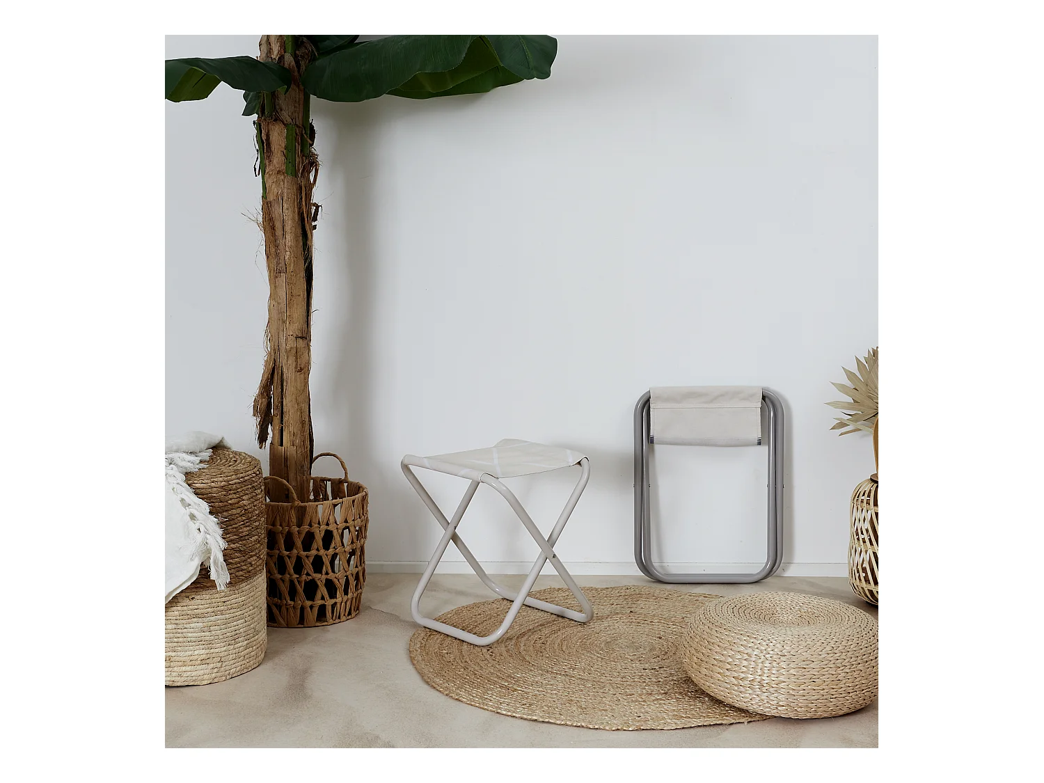 Tabouret Pliant Terre Inconnue Beige A Carreaux Blanc, Beige