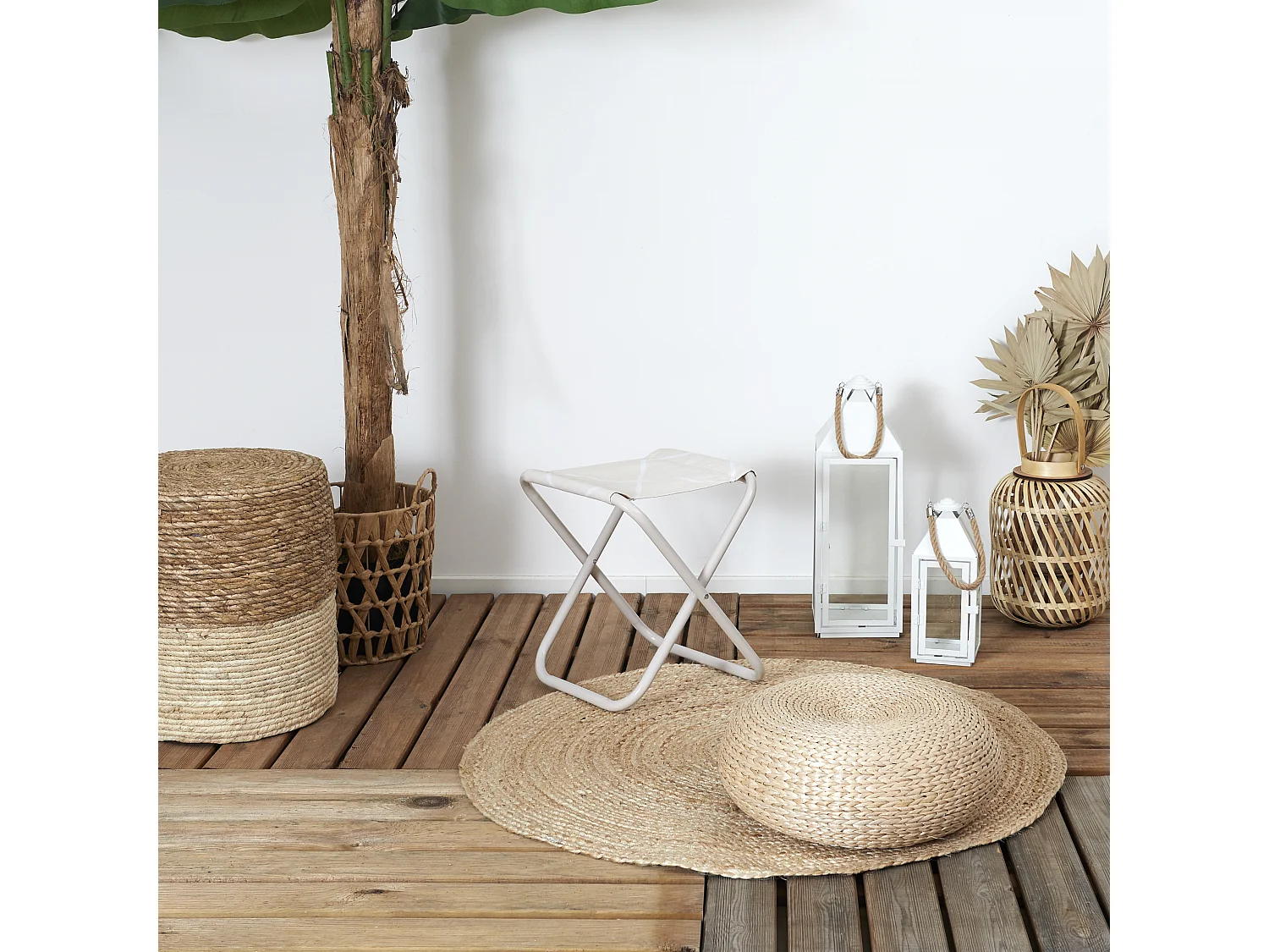 Tabouret Pliant Terre Inconnue Beige A Carreaux Blanc, Beige