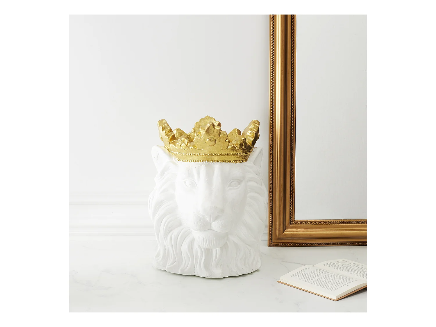 Cache Pot Lion Blanc Couronne Doree D16cm Blanc