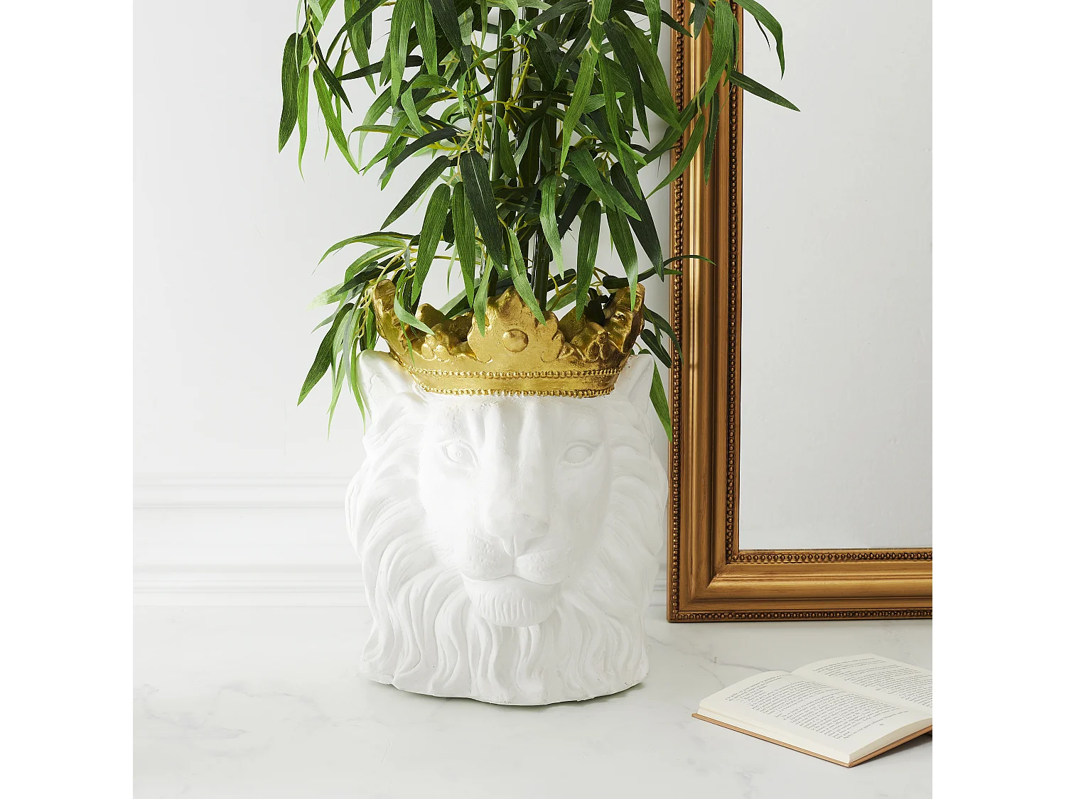 Cache Pot Lion Blanc Couronne Doree D16cm Blanc