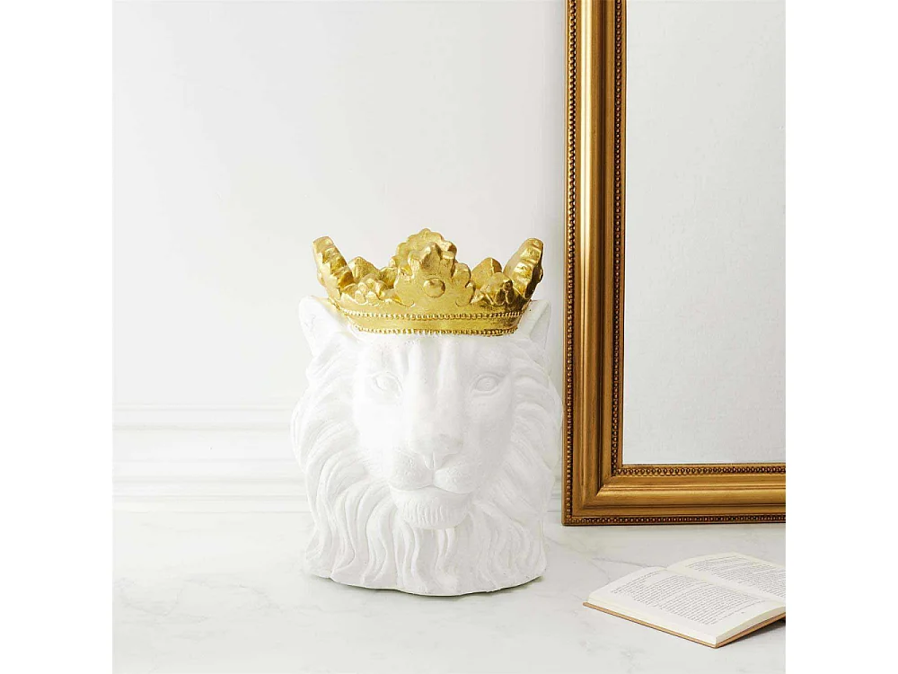 Cache Pot Lion Blanc Couronne Doree D16cm Blanc