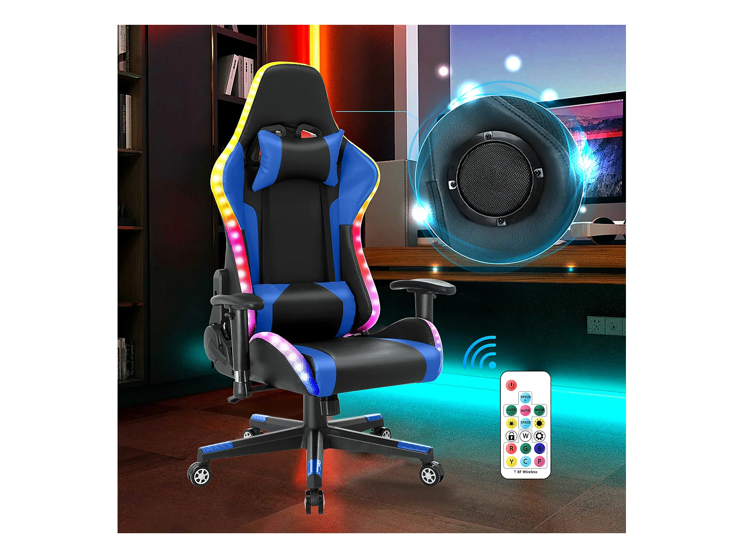 Silla gaming con luces LED RGB y altavoces, estilo racing, para oficina, de piel sintética azul