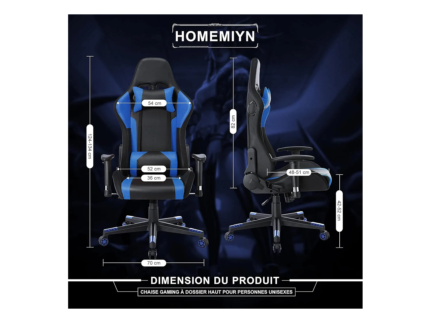 Silla gaming con luces LED RGB y altavoces, estilo racing, para oficina, de piel sintética azul