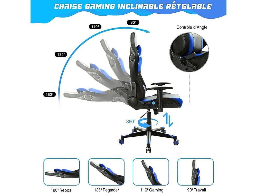 Silla gaming con luces LED RGB y altavoces, estilo racing, para oficina, de piel sintética azul