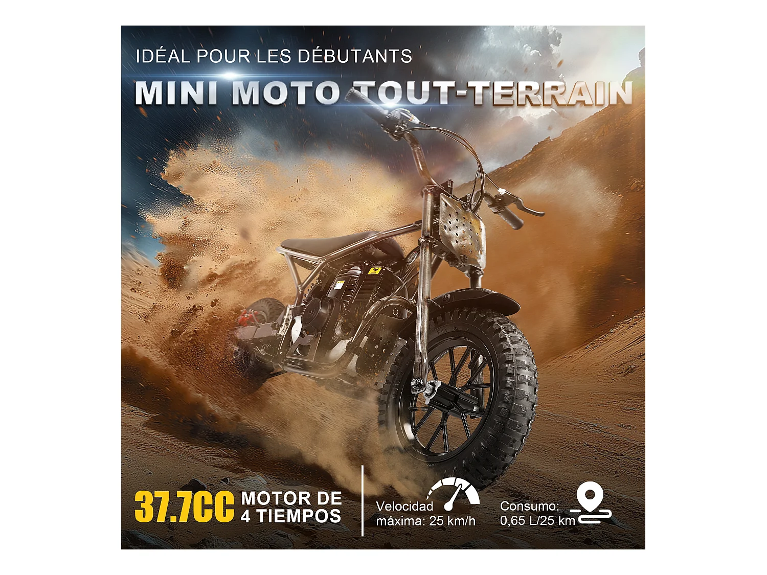 Oryxearth 37.7CC 4-Temps Dirt Bike pour Enfants, Mini Moto à Essence, Transmission Automatique et Démarrage par Traction, Marron