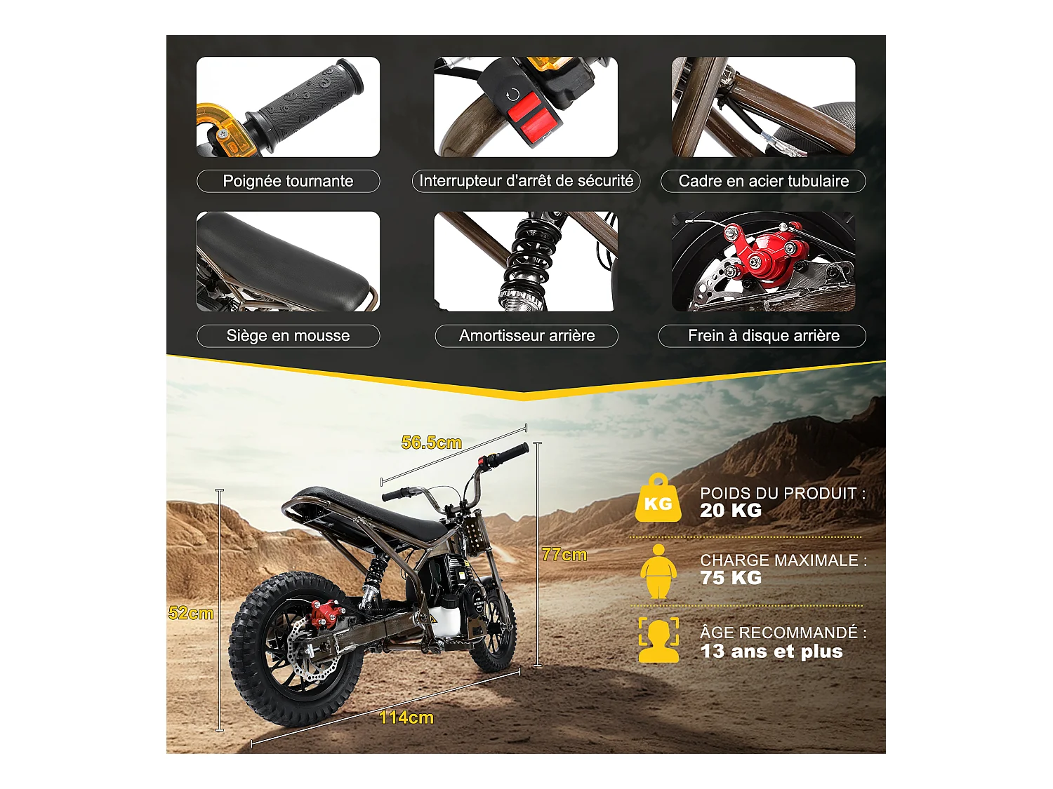 Oryxearth 37.7CC 4-Temps Dirt Bike pour Enfants, Mini Moto à Essence, Transmission Automatique et Démarrage par Traction, Marron