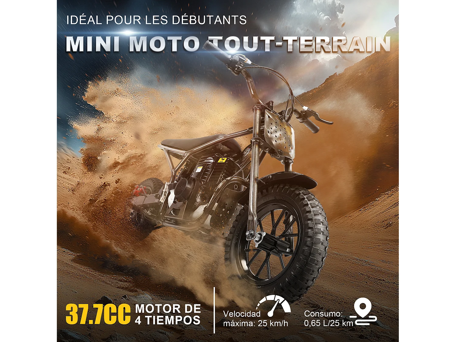Oryxearth 37.7CC 4-Temps Dirt Bike pour Enfants, Mini Moto à Essence, Transmission Automatique et Démarrage par Traction, Marron