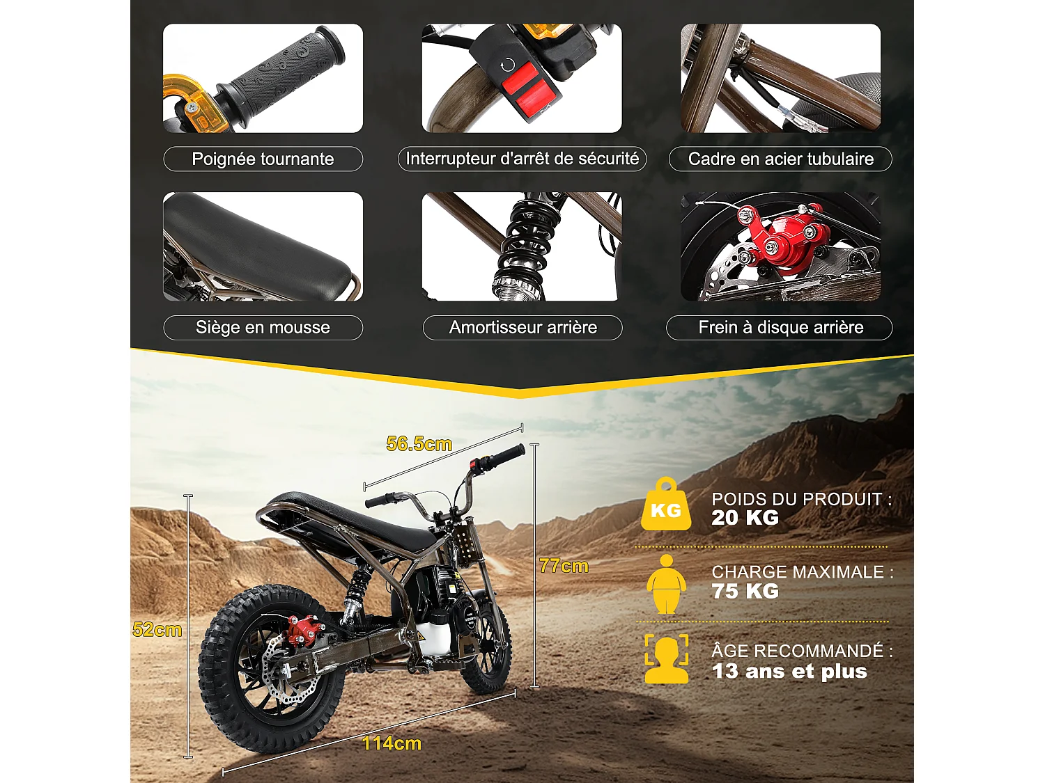 Oryxearth 37.7CC 4-Temps Dirt Bike pour Enfants, Mini Moto à Essence, Transmission Automatique et Démarrage par Traction, Marron